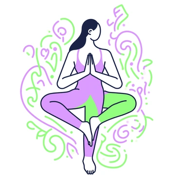 A person is performing a yoga pose, positioned in the center of the image. The individual has long hair tied back and is wearing a fitted outfit. Surrounding them are intricate line art patterns that flow around their body, creating a sense of movement. The patterns include swirling shapes and geometric designs that interweave around the figure. The entire composition gives the impression of tranquility and focus, emphasizing the harmony between the person and their surroundings.