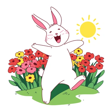 A white rabbit named "Hermine" is dancing joyfully in a field filled with vibrant blooming flowers. The flowers are a mix of red and yellow, creating a lively atmosphere. Hermine has long ears perked up and a cheerful expression on her face as she leaps gracefully among the colorful blooms. The sun shines brightly, casting a warm glow over the scene, highlighting the beauty of springtime. In the background, gentle green grass adds to the lively setting, contrasting with the vivid colors of the flowers.