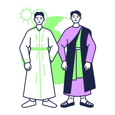 Two brothers are standing side by side, each embodying distinct contrasts. On the left, the brother representing light is wearing white robes and has a calm expression. His hair is neatly styled, and he stands with a relaxed posture. Sunlight is illuminating his figure, creating a bright aura around him. On the right, the brother representing shadow is dressed in dark clothing, with a stern look on his face. His hair is unkempt, and he stands with a tense posture, partially obscured by shadows. The background showcases a subtle divide, with light radiating from the left and darkness enveloping the right, visually narrating the story of "Cain and Abel."