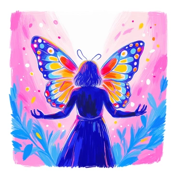 A dark figure is positioned in the center of the image, with a shadowy silhouette that suggests a human form. The figure's arms are outstretched as it begins to transform into a beautiful butterfly. The butterfly emerges from the figure's back, showcasing vibrant wings with intricate patterns in shades of blue, orange, and yellow. The contrast between the dark figure and the colorful butterfly highlights the theme of transformation. Surrounding the figure are soft swirls of light, symbolizing the transition from "hatred" to "love." The background features a gentle gradient, enhancing the sense of change and renewal.