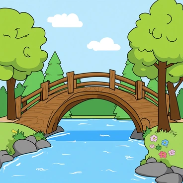A quaint bridge with a curved arch made of weathered wood, spanning over a gently flowing river. The river has sparkling clear water that reflects the sunlight. On either side of the river, there are lush green trees with vibrant leaves, creating a natural frame around the scene. The trees are of various heights, some with thick trunks and others with slender branches. A few colorful flowers are blooming near the riverbanks, adding splashes of color to the landscape. The sky above is blue with a few fluffy white clouds scattered throughout.