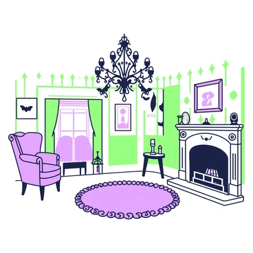 A cozy Victorian parlor is filled with rich, dark wood furniture. In the center, there is a large intricate chandelier from which several bats are hanging, resembling ornate decorations. The walls are adorned with patterned wallpaper, and a plush, patterned rug covers the wooden floor. To one side, there is a velvet armchair beside a small side table holding a candle. A fireplace with an ornate mantelpiece is on the opposite wall, with a few framed portraits above it. The room is softly lit, creating an inviting atmosphere.