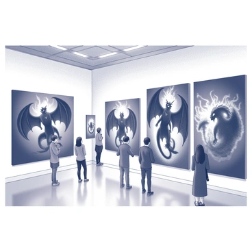 A gallery exhibit showcasing various artistic interpretations of a Balrog