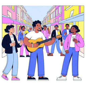 A street musician is standing on a busy street, playing an acoustic guitar. The musician has curly hair and is wearing a simple white t-shirt. They are singing passionately, and a small crowd has gathered around, listening intently. The street is lined with colorful shopfronts and people walking by, creating a lively atmosphere. A few spectators are nodding their heads to the music, while others are holding coffee cups. The sun is shining, casting soft shadows on the pavement.