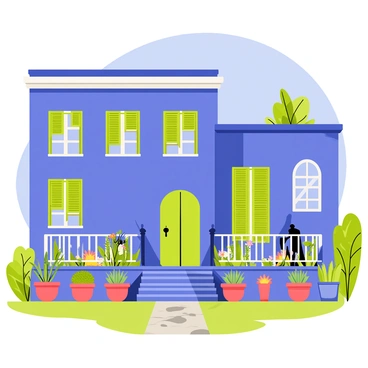 The exterior of "Frida Kahlo's famous blue house" features bold, vibrant "bright blue walls" that stand out prominently against the surroundings. The house is adorned with "green window shutters" framing each window, adding a charming contrast to the blue. Surrounding the house is "lush greenery," including various plants and flowers, creating a vibrant garden atmosphere. A "stone pathway" leads to the entrance, lined with colorful potted plants. The sky above is clear and blue, complementing the exterior of the house. The overall scene captures the inviting and lively essence of Frida Kahlo's residence.