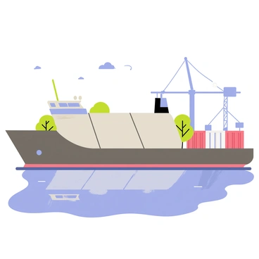 A collier with a sleek, metallic gray surface featuring large reflective panels that mirror the surroundings, including trees and a blue sky. The vessel is docked at a bustling port, with cranes and cargo containers visible in the background. The water below is calm, reflecting the collier and the scenery around it. Seagulls can be seen in the sky above, adding to the coastal atmosphere.