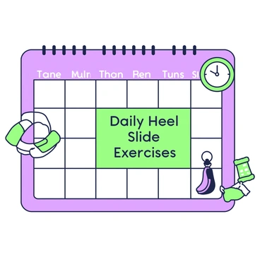 A calendar page is displayed, featuring a grid layout with days of the month clearly marked. One specific date is highlighted prominently, encircled in a bold outline. The highlighted entry reads "Daily Heel Slide Exercises" in a legible font. Surrounding this entry are small icons representing exercise items, such as a green slide and a purple stopwatch. The layout includes a decorative border around the calendar, enhancing its visual appeal.