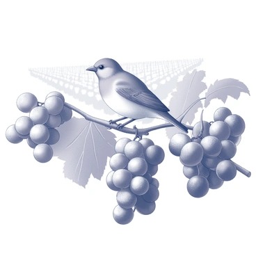 A finch is sitting on a thick vine branch. The finch has a small, rounded body with a distinct beak, and its feathers are detailed with fine lines to show texture. Surrounding the finch are clusters of plump grapes, which are depicted with round shapes and healthy leaves. The grapes vary in size and are attached to the vines, creating a lush and full appearance. The background suggests rows of grapevines stretching into the distance, enhancing the vineyard setting.