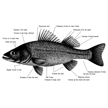An illustration features a detailed diagram of fish anatomy from the early 1900s. The fish is depicted in a side view, showcasing its key features such as fins, gills, and the tail. Each part of the fish is labeled with precise terminology. The background contains a halftone dot pattern, enhancing the vintage feel of the illustration. The fish is rendered in black and white, highlighting the intricate details of its structure. Annotations provide additional information about the various systems and functions within the fish's body.