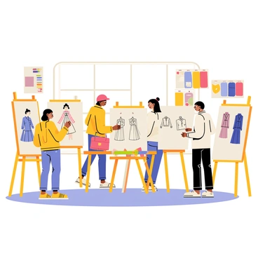 A classroom scene where students are actively engaged in sketching fashion designs on easels. Each student has a unique style, with one student wearing a red beret and focused on drawing a flowing dress. Another student has a pair of round glasses and is sketching a tailored suit. The easels hold various sketches showcasing dresses, suits, and accessories. The walls are adorned with colorful fashion plates and inspiration boards. Supplies like colored pencils, markers, and fabric swatches are scattered on the tables around them. A bright window lets in natural light, illuminating the creative atmosphere.