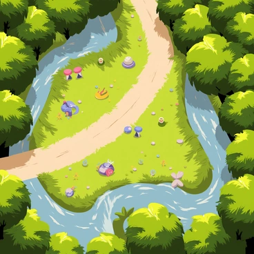 A bird's-eye view of "Summoner's Rift" featuring lush, vibrant green jungles with thick trees and sunlight filtering through the foliage. The lanes are clearly defined, with a bright, winding path of dirt surrounded by colorful flora. Various small rock formations and patches of grass are scattered throughout the jungle area. The river flows through the landscape, sparkling under the sun, while the bases of each team are situated at opposite ends, marked by distinctive structures. The overall composition showcases the intricate layout and lively colors of the environment.