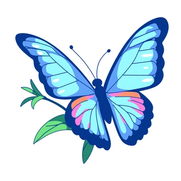 A blue butterfly with perfect symmetry is displayed with its wings fully spread. The wings are adorned with intricate patterns featuring vibrant shades of orange and pink. Each wing mirrors the other precisely, showcasing the delicate veins and textures. The butterfly is perched on a delicate green leaf, with soft sunlight casting gentle shadows on its wings, enhancing the vivid colors.