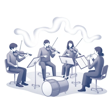 An orchestra playing instruments made out of bone, with the music visually represented as flowing tissue patterns.