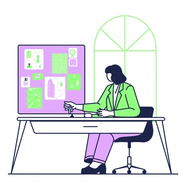 A fashion forecaster is seated at a sleek desk in a well-lit studio, surrounded by a variety of mood boards. The forecaster has medium-length hair and wears a stylish outfit consisting of a tailored blazer and modern trousers. On the table in front of them, multiple mood boards are displayed, each featuring various fabric swatches and design sketches. The mood boards have diverse patterns and textures, showcasing potential trends for the upcoming season. In the background, a large window allows natural light to filter in, illuminating the workspace and highlighting the creative atmosphere.