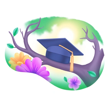 A graduation cap placed on a tree branch surrounded by colorful flowers