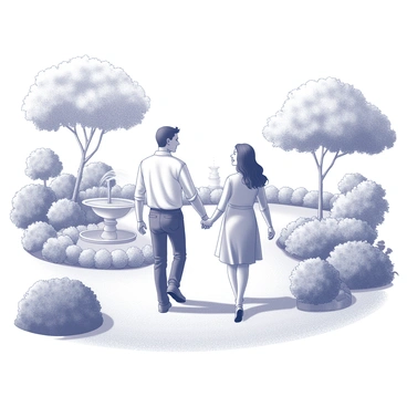 A couple is walking hand-in-hand along a path in a garden. The man is wearing a light shirt and pants, while the woman is dressed in a flowy dress. Surrounding them are various plants and flowers, contributing to the garden's lush appearance. There are trees providing shade overhead, and the ground is covered with soft grass. In the background, a small fountain can be seen, gently flowing with water. The couple appears engaged in conversation as they stroll leisurely.