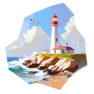 A detailed illustration depicting a lighthouse standing tall on a rugged, rocky coastline. The lighthouse is white with red accents at the top, and its light beam extends across the ocean. Waves crash against the rocks below, creating splashes of foam. In the background, a blue sky is dotted with fluffy white clouds, and a few gulls can be seen soaring overhead. The rocky terrain is textured and uneven, with patches of green vegetation adding contrast to the scene. The overall composition captures both the strength of the lighthouse and the beauty of its coastal surroundings.