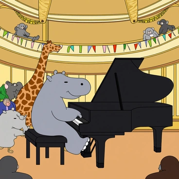 A large, playful hippopotamus with gray skin is sitting at a grand piano in the center of a spacious concert hall. The piano is glossy black, reflecting the lights above. The hippopotamus has its eyes closed, seemingly lost in the music, and its large hooves are gracefully pressing the keys. Around the piano, there is an audience made up of various animals, including a tall giraffe with a long neck stretching to see, a small elephant clapping its ears in excitement, and a couple of monkeys hanging from the nearby balcony, all looking delighted. The walls of the concert hall are adorned with golden decorations, and colorful banners are hanging from the ceiling. The atmosphere is lively and filled with joy.