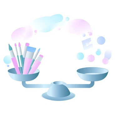 A set of balanced scales is positioned in the center of the image. On one side of the scales, there are several paintbrushes arranged neatly, showcasing various sizes and colors. On the opposite side, there are multiple equal signs, each distinct in size, symbolizing balance. The background features a gradient of pastel colors, enhancing the visual appeal of the scene. The scales themselves are metallic, glinting subtly under the light.