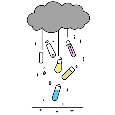 A collection of clear ampoules, filled with various colorful liquids, is falling from a clouded sky. The ampoules are suspended in mid-air, resembling raindrops, with some tipping over and spilling their contents as they descend. The ground below is an empty landscape, with a few scattered pebbles catching the light from the ampoules. The scene creates a sense of wonder as the ampoules create a visually striking contrast against the gray clouds above.