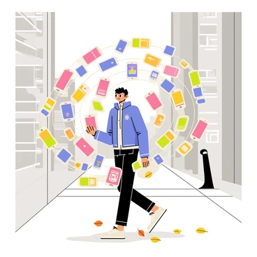 A person wearing a blue jacket is walking along a city sidewalk. The cityscape features tall grey buildings with large glass windows. Surrounding their vision is a vibrant tunnel made up of various smartphones, with screens lit up in bright colors displaying different app icons. The phones are arranged in a swirling pattern, creating a tunnel effect around the person. The ground has a mix of grey concrete and scattered leaves, indicating it is autumn. Sunlight casts shadows, creating a dynamic play of light within the scene.