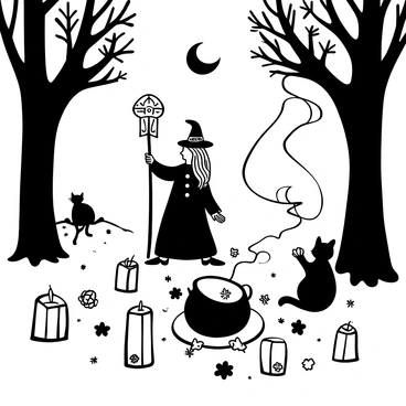 A witch standing in a clearing surrounded by ancient trees, holding a staff adorned with symbols. The ground is covered with scattered herbs and candles arranged in a circle. Above, a crescent moon casts soft light, illuminating the scene. The witch is wearing a long flowing robe, with intricate patterns visible on the fabric. A cauldron is bubbling nearby, sending wisps of smoke into the air. Small animals, like a black cat, watch from the shadows.