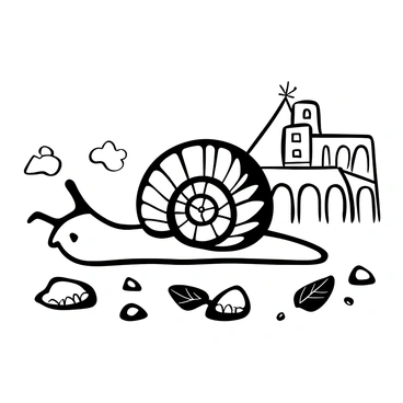 A snail with a textured shell, featuring a tiny time machine attached to its back, is making its way over a rocky surface. The time machine has small gears and dials visible on it. In the background, faint outlines of various historical landmarks can be seen, such as a pyramid, a medieval castle, and a Roman aqueduct, representing different eras. The scene is filled with an assortment of scattered leaves and pebbles on the ground, indicating the passage of time.