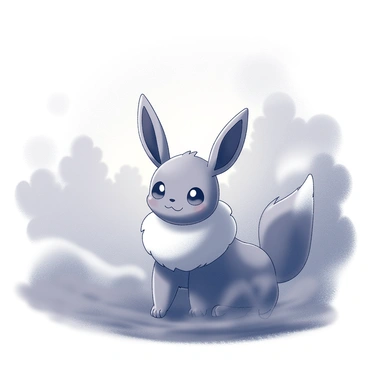 An "Eevee" is emerging from a thick, swirling fog. The fog appears dense and enveloping, creating a sense of mystery around the creature. The background is dimly lit by the early twilight, casting soft shadows and highlighting the figure of Eevee. The Eevee stands poised, its fur detailed and textured, with its ears perked up, suggesting alertness. The surrounding fog partially obscures the ground, adding to the enigmatic atmosphere of the scene. There are faint outlines of trees or bushes in the distance, barely visible through the fog.