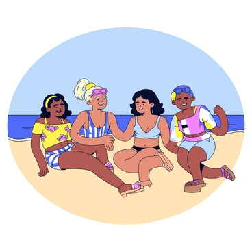 A group of friends wearing colorful and fashionable beachwear is gathered on a sandy beach. One friend is wearing a bright yellow swimsuit with a trendy floral pattern, while another has on a blue and white striped bikini. A third person sports a multicolored tank top and stylish shorts. They are all smiling and laughing together, with sunglasses perched on their noses. In the background, there are gentle waves lapping at the shore and a clear blue sky overhead.