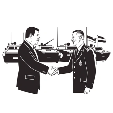 Two leaders are engaged in a firm handshake at the center of the image. One leader is dressed in a formal suit, while the other is in military uniform adorned with various insignia. In the background, there are several military vehicles, including armored trucks and tanks, positioned in an organized manner. The setting suggests a significant meeting, with flags of different nations subtly waving nearby. The leaders have expressions of determination and respect as they acknowledge each other in this moment.