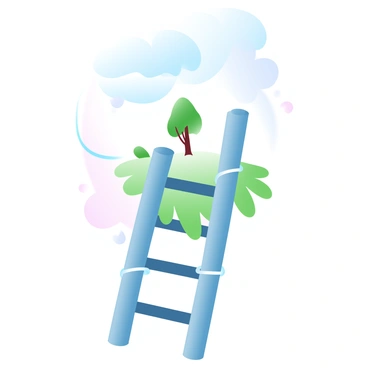 A ladder constructed from rolled life insurance policies is positioned upright. Each policy is tied together with a gentle twine, creating a sturdy yet whimsical ascent. The ladder leads up to a floating island high in the sky. This island is lush and vibrant, covered in greenery, with a small tree at its center. Above the island, fluffy clouds drift lazily, while a soft gradient of pastel colors fills the background. The overall scene conveys a sense of safety and tranquility.
