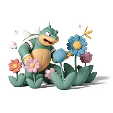 Bowser, a large, anthropomorphic turtle-like creature with a spiked shell and a fierce expression, is kneeling in a lush garden. He is wearing a pair of gardening gloves and holding a watering can. The garden is filled with vibrant, oversized flowers in various colors, such as bright red, deep blue, and sunny yellow. Each flower has large petals and green stems reaching high. Bowser is carefully watering one of the flowers, and a few butterflies are fluttering around, adding liveliness to the scene. The sunlight casts soft shadows on the ground, highlighting the details of the flowers and Bowser's focused expression.