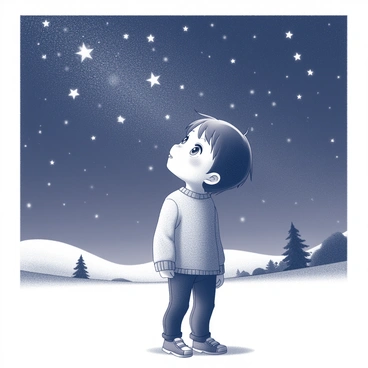 A child stands in an open area, looking up at the night sky. The child has short hair and is wearing a simple, cozy sweater. The sky above is filled with numerous stars, twinkling brightly against the dark backdrop. The child’s expression is one of wonder and curiosity, with wide eyes reflecting the light of the stars. There are a few distant silhouettes of trees in the background, adding to the sense of an expansive, quiet environment. The scene captures the child’s contemplative mood as they gaze upward, lost in thought about the vastness of the universe.