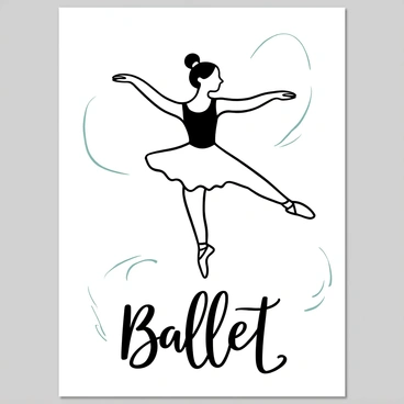 A ballet dancer in mid-leap, elegantly posed above the ground, is showcased on an A3 board. The dancer's arms are gracefully extended, and their skirt flows around them. The background features soft lines that suggest movement and fluidity. "Ballet" is written artistically at the bottom of the board, framed by delicate flourishes.