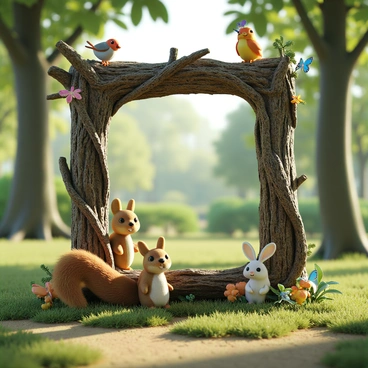 A rustic frame made of intertwined tree branches and twigs, showcasing a natural, organic appearance. The frame is set in a forest clearing, surrounded by small woodland creatures. A curious squirrel with a bushy tail sits at the bottom corner of the frame, while a cheerful rabbit peeks from behind one side. Nearby, a pair of colorful birds perch on the top of the frame, their feathers vibrant against the earthy tones. A few delicate butterflies flutter around the edges, adding a touch of whimsy to the scene. The sunlight filters through the trees, casting gentle shadows on the ground.