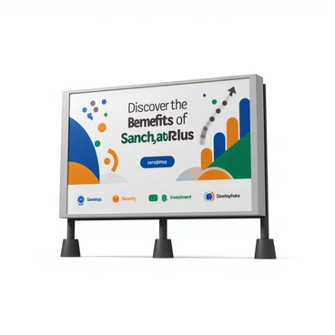 A large, colorful billboard featuring the text "Discover the Benefits of Sanchay Plus" prominently displayed in bold, modern typography. The background includes an abstract design with geometric shapes in various vibrant colors such as blue, orange, and green, creating a dynamic and eye-catching effect. There are visual elements representing growth and stability, such as upward arrows and leaf motifs. Below the main text, icons symbolize key benefits like savings, investment, and security, each accompanied by concise phrases. The overall composition is designed to grab attention and convey a sense of innovation and trust.
