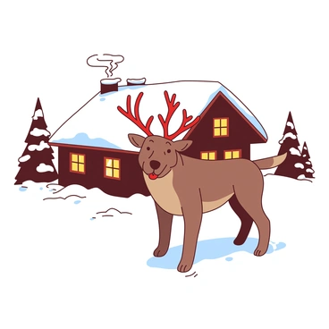 A brown dog wearing red reindeer antlers is standing proudly in front of a cozy white cabin covered in snow. The cabin has smoke gently rising from the chimney, and the windows are warmly lit. The ground is blanketed in fresh white snow, with a few scattered pine trees in the background. The dog is looking directly at the viewer, with its tongue out and a playful expression on its face.