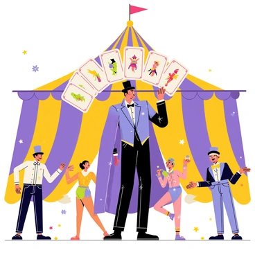 A mystical circus scene with a grand, colorful tent featuring stripes of deep purple and gold. In the center, a tall magician is performing, dressed in a shimmering purple cape adorned with silver stars. He is holding a deck of large, ornate cards that float around him, each card depicting different mythical creatures like dragons and fairies. Surrounding him are acrobats dressed in vibrant costumes, leaping gracefully through the air. A ringmaster in a classic top hat is guiding the audience's attention, while a whimsical clown juggles smaller, sparkling cards, filling the air with a sense of magic and wonder. The ground is covered in colorful confetti, and bright lights illuminate the scene, creating an enchanting atmosphere.