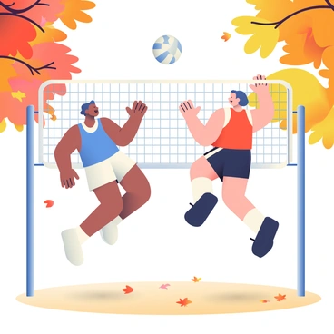 A 3D volleyball match is taking place on a sandy court surrounded by vibrant autumn leaves in shades of orange, red, and yellow. Two players, one with dark skin wearing a blue tank top and white shorts, and the other with light skin wearing a red jersey and black shorts, are jumping enthusiastically to hit the volleyball above the net. The volleyball is white with a distinct pattern, suspended in mid-air. In the background, trees with colorful foliage frame the scene, and scattered leaves swirl around the players as they leap to spike the ball. The sun filters through the branches, casting soft shadows on the court.