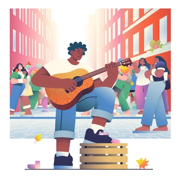 A street musician with olive skin is playing an acoustic guitar while seated on a wooden crate. He has curly black hair tied back and is wearing a white t-shirt and faded blue jeans. He is positioned on a cobblestone street surrounded by tall brick buildings. A small crowd of listeners is gathered around him, some swaying to the music. A hat is placed in front of him, with a few coins visible inside. On the ground, there are scattered autumn leaves, and a gentle breeze is moving through the scene. His guitar has intricate wood patterns and is reflecting the warm sunlight.