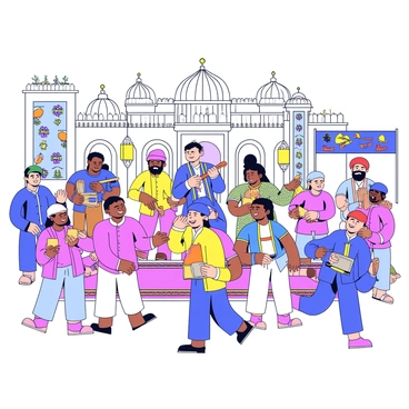 A vibrant festival scene depicting ancient Persia. The image features a large group of individuals dressed in traditional Persian attire, showcasing a variety of colorful fabrics and intricate patterns. Some men are playing musical instruments like the lute and drums, while others are dancing joyfully in the center. The background includes elegant architecture with domed roofs and ornate details. Lanterns hang from the structures, casting warm light over the festivities. In one corner, a vibrant tapestry displays scenes of nature. The ground is adorned with a woven rug, adding to the celebratory atmosphere.