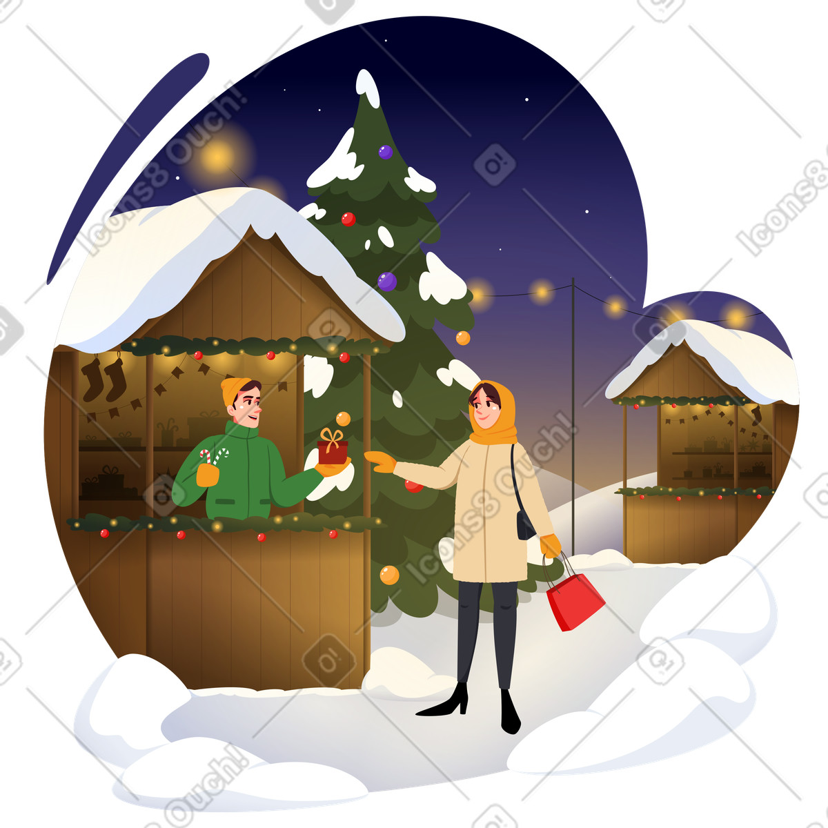 Donna che fa shopping al mercatino di natale illustrazione in stile Vivid scarica in PNG, SVG