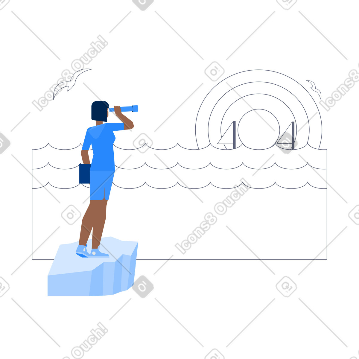 Person with spyglass searching for missing page by the sea, 404 error concept animierte Illustration im Urban-Stil als Download in GIF, Lottie (JSON), AE