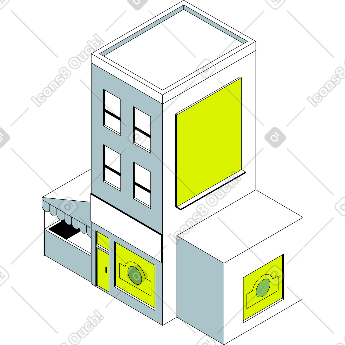 Ilustración Edificio con tienda en estilo Isometric a descargar en PNG y SVG