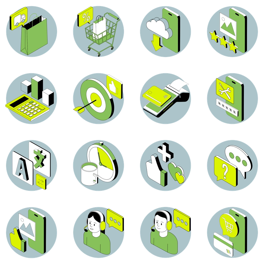 Various icons representing shopping, analytics, and communication - Isometric style illustration