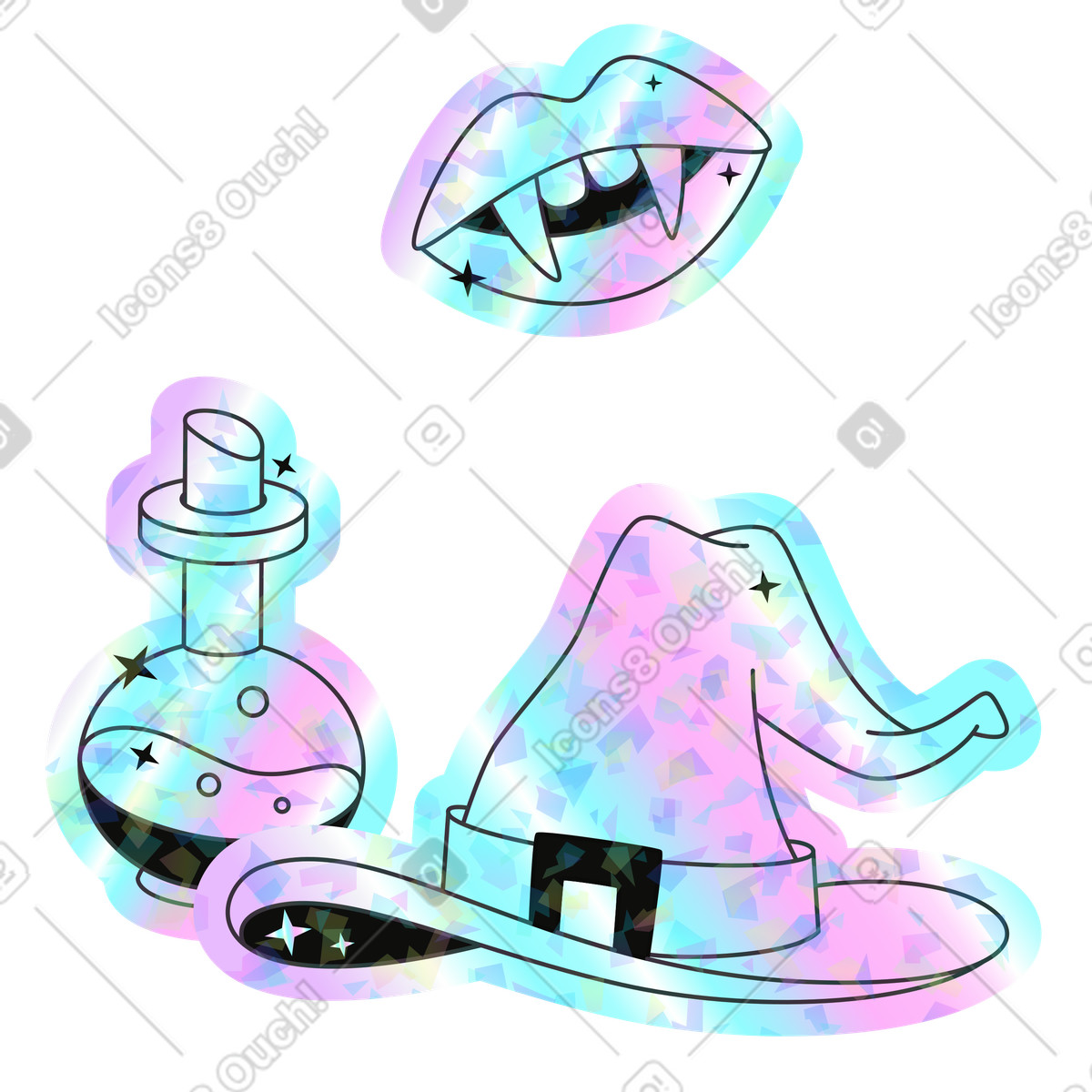 Holostickers 스타일의 마녀 모자, 마법 병, 뱀파이어 송곳니 일러스트레이션 PNG, SVG 다운로드