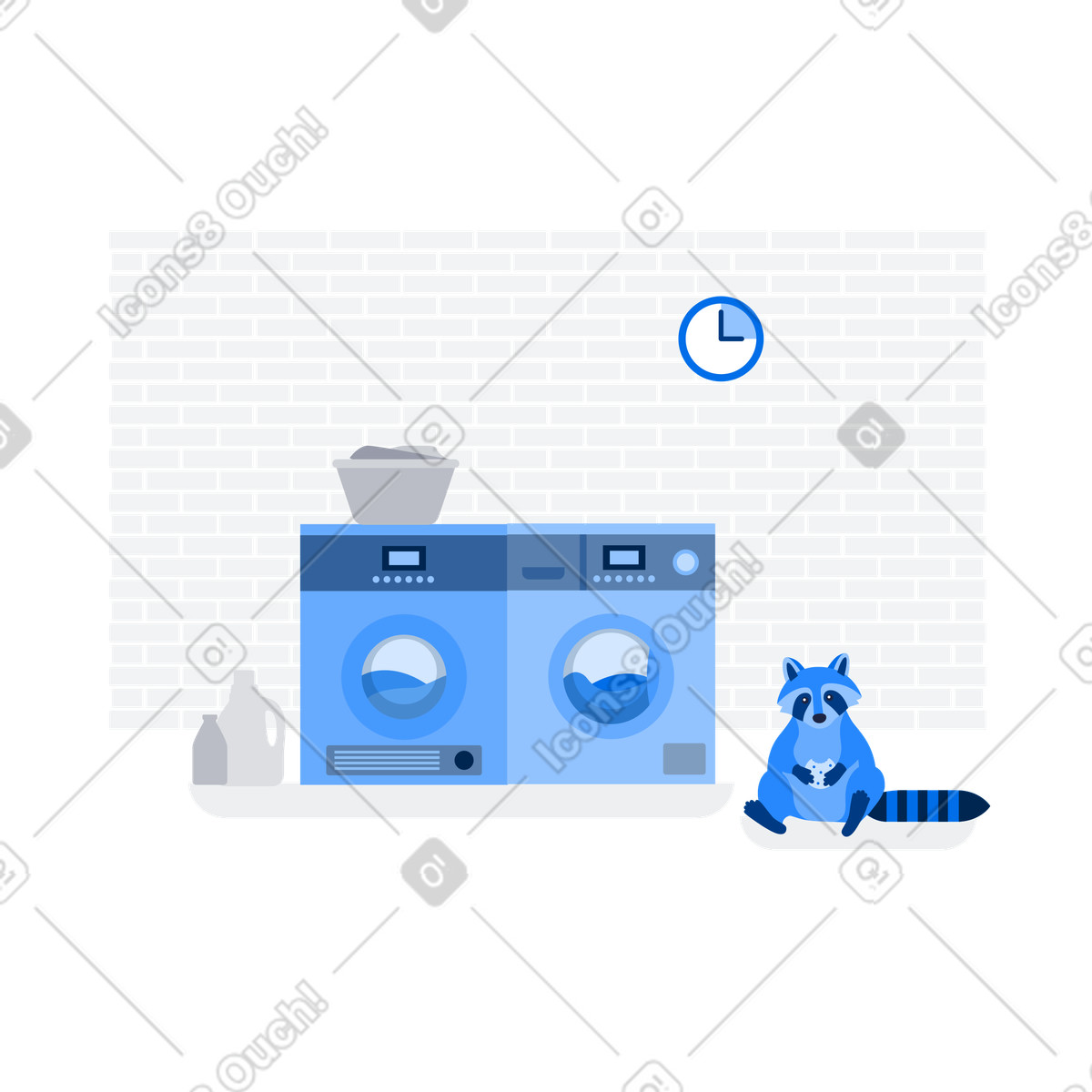 Laundry machines with raccoon sitting, Waiting room or out of service notice illustration in PNG, SVG