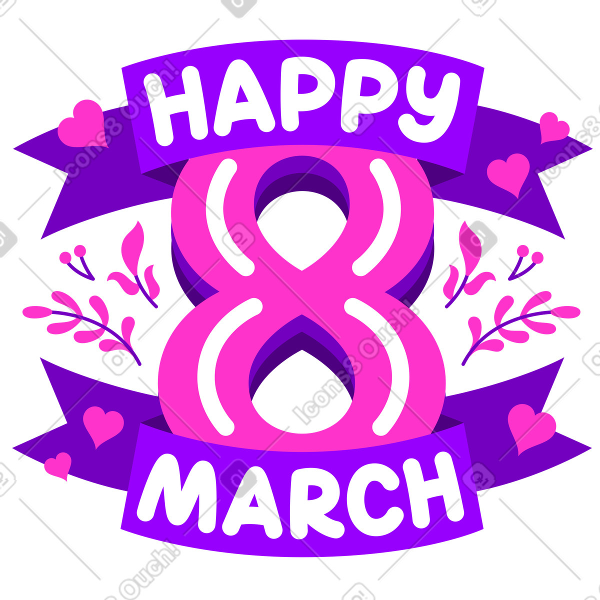 Lettering felice 8 marzo con testo di fiori e cuori illustrazione in stile scarica in PNG, SVG