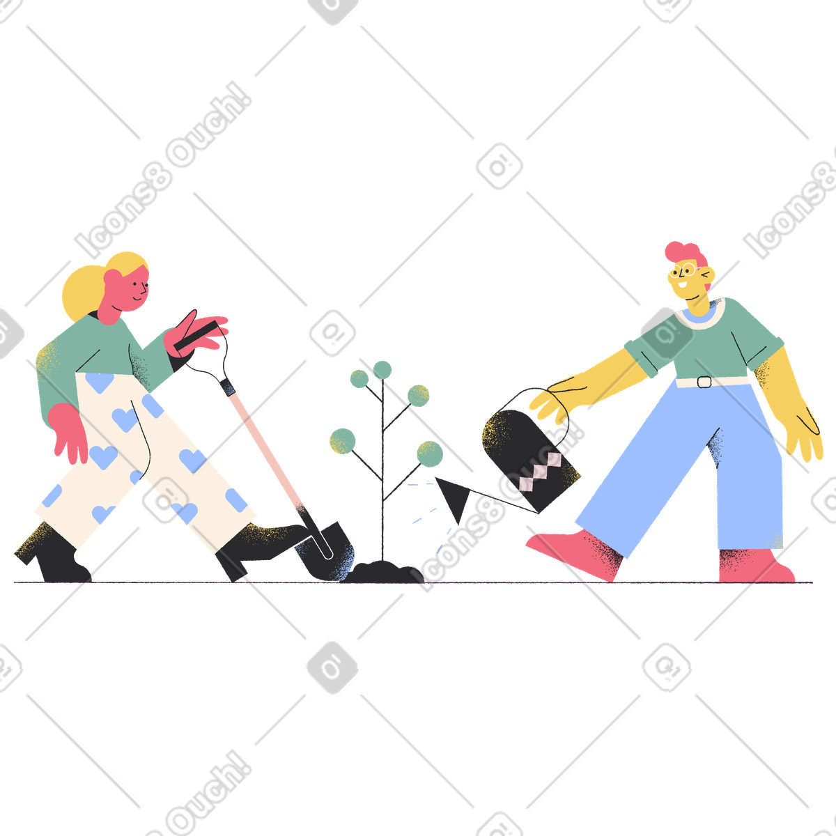 Ilustração de Homem e mulher plantando regando uma árvore em no estilo Pablo para baixar em PNG, SVG