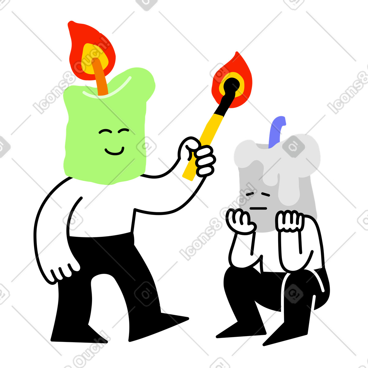 Lighting fire of candle headed character illustration in Giggle style download in PNG, SVG